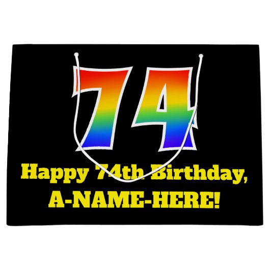 74誕生日～おもしろい, カラフル, 鮮やか, Rainbow 74 ラージペーパーバッグ (正面)