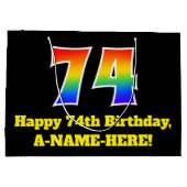 74誕生日～おもしろい, カラフル, 鮮やか, Rainbow 74 ラージペーパーバッグ (裏面)
