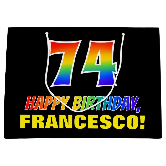 74誕生日:はっきりした,おもしろい,シンプル虹， 74 ラージペーパーバッグ (正面)