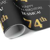 74誕生日:エレガント、ブラック、フェイク金ゴールド ラッピングペーパー (ロールコーナー)