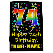 74誕生日:カラフルスターズパターン&レインボー74 ミディアムペーパーバッグ (正面)