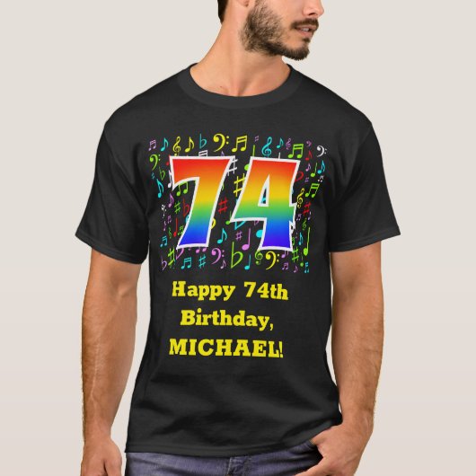 74誕生日:カラフルMusic Symbols, Rainbow 74 Tシャツ (正面)
