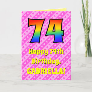 74誕生日：ピンクストライプのハート、レインボー# 74 カード