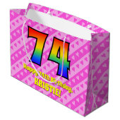 74誕生日：ピンクストライプのハート、レインボー# 74 ラージペーパーバッグ (裏面アングル)