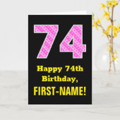 74誕生日:ピンクストライプ色のハートと"74" +名前 カード (黄色い花)