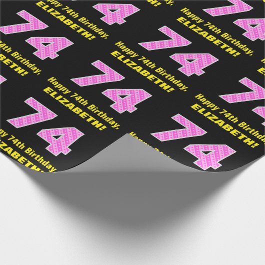 74誕生日:ピンクストライプ色のハートと"74" +名前 ラッピングペーパー (角)