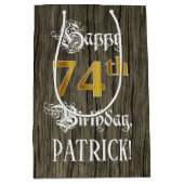 74誕生日:フェイク金ゴールドルック&ウッドフェイクパターン ミディアムペーパーバッグ (正面)