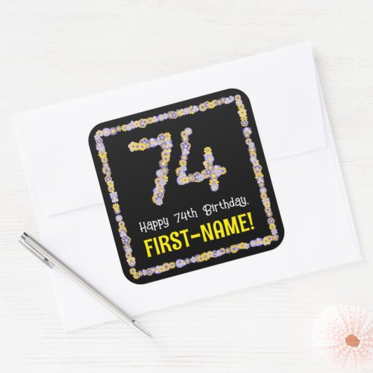 74誕生日:フローラ花数名前をカスタムする スクエアシール (封筒)