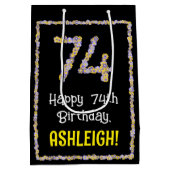 74誕生日:フローラ花数名前をカスタムする ミディアムペーパーバッグ (裏面)