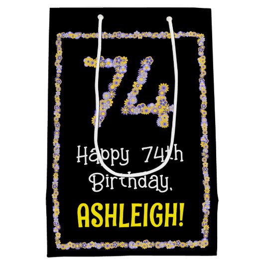 74誕生日:フローラ花数名前をカスタムする ミディアムペーパーバッグ (裏面)