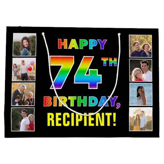 74誕生日:レインボー文字カスタム、写真&名前 ラージペーパーバッグ (裏面)