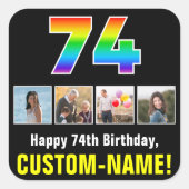 74誕生日:レインボー「74」、写真カスタムと名前 スクエアシール (正面)