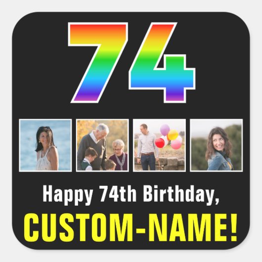 74誕生日：レインボー「74」、写真カスタムと名前 スクエアシール (正面)