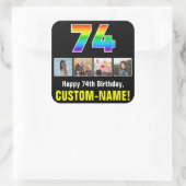 74誕生日:レインボー「74」、写真カスタムと名前 スクエアシール (バッグ)