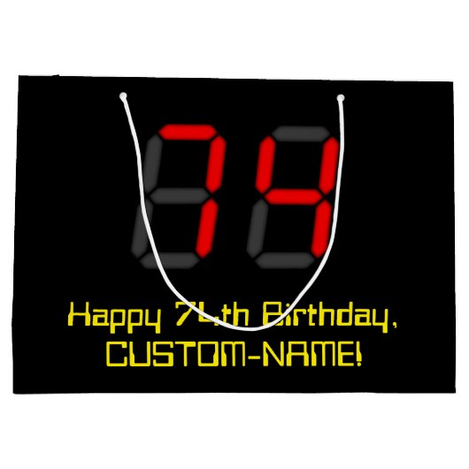 74誕生日:レッドデジタルクロックスタイル"74" +名前 ラージペーパーバッグ (裏面)