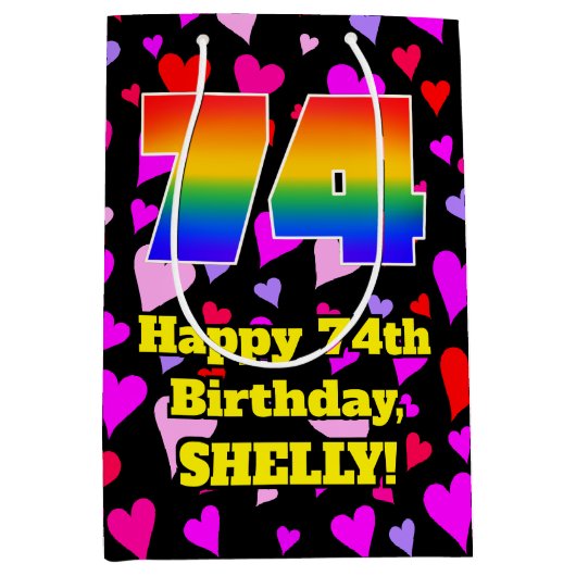 74誕生日:愛するハートパターン、虹# 74 ミディアムペーパーバッグ (正面)