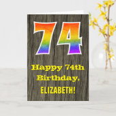 74誕生日:素朴ウッドルックフェイク、虹"74" カード (黄色い花)