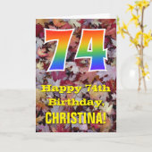 74誕生日、素朴紅葉、レインボー「74」 カード (黄色い花)