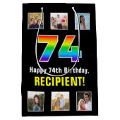 74誕生日: Rainbow "74"，写真カスタムと名前 ミディアムペーパーバッグ (正面)