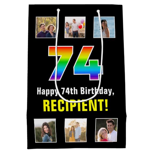74誕生日: Rainbow "74"，写真カスタムと名前 ミディアムペーパーバッグ (裏面)