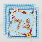 74th誕生日パーティー招待花、蝶 招待状 (正面/裏面)