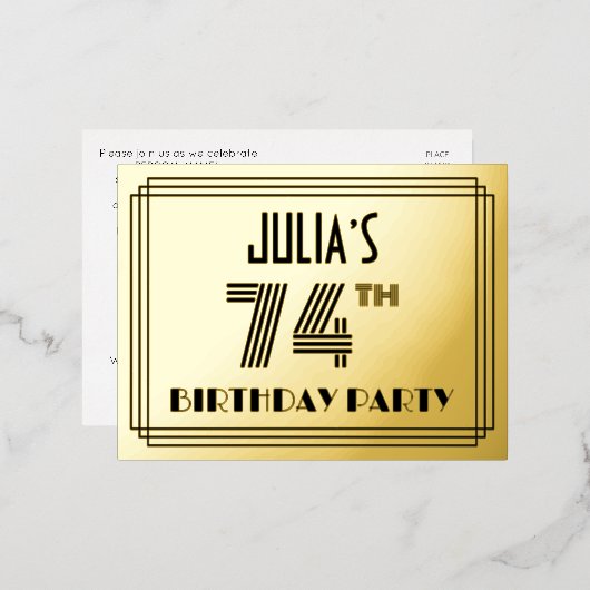 74th誕生日パーティー~アールデコスタイル"74" +名前 箔招待状ポストカード (正面/裏面)