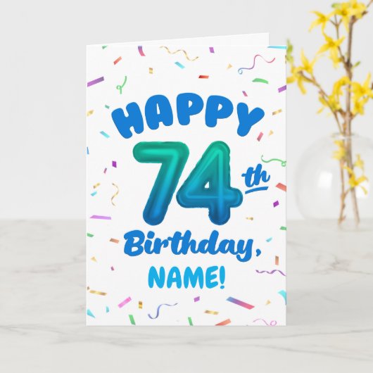74th Birthday, Balloon Number, Customizable Name カード (黄色い花)