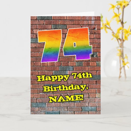 74th Birthday: Fun Graffiti-Inspired Rainbow 74 カード (黄色い花)