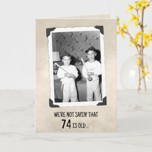 74th Birthday Humor Young Boys With Baseball Bats  カード (黄色い花)