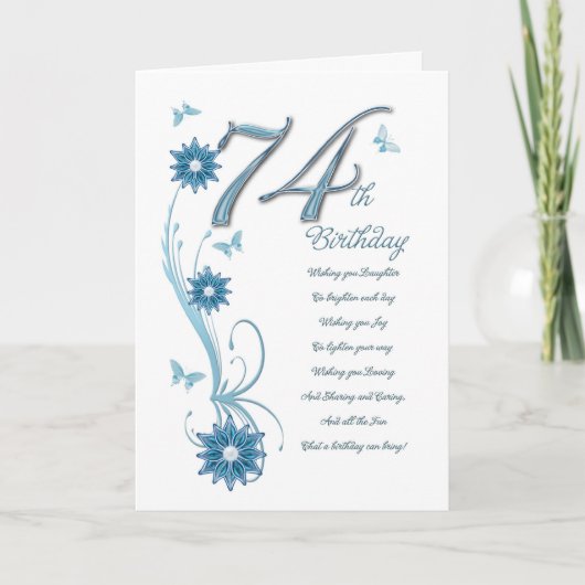 74th birthday in teal with flowers and butterfly カード (正面)