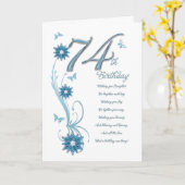 74th birthday in teal with flowers and butterfly カード (黄色い花)