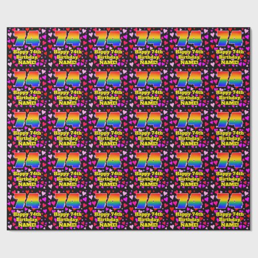 74th Birthday: Loving Hearts Pattern, Rainbow # 74 ラッピングペーパー (フラット)
