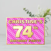 74th Birthday Party —おもしろいピンクのハートとストライプ 箔招待状 (立ち正面)
