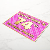 74th Birthday Party —おもしろいピンクのハートとストライプ 箔招待状 (回転した状態)