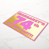 74th Birthday Party — はっきりした、おもしろい、ピンクストライプ色74 箔招待状 (回転した状態)