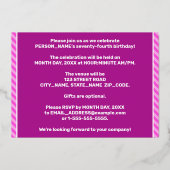 74th Birthday Party — はっきりした、おもしろい、ピンクストライプ色74 箔招待状 (裏面)