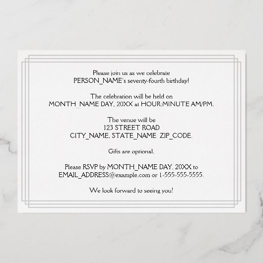 74th Birthday Party —アールデコ検索「74」 +名前 箔招待状 (裏面)
