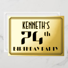 74th Birthday Party:アールデコ「74」と名前 箔招待状