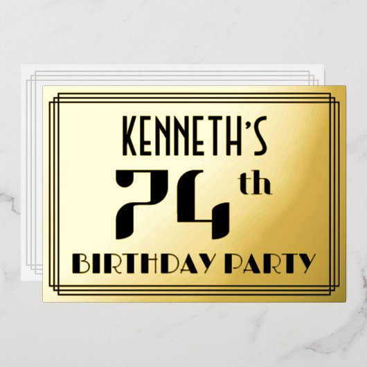 74th Birthday Party:アールデコ「74」と名前 箔招待状 (正面/裏面)