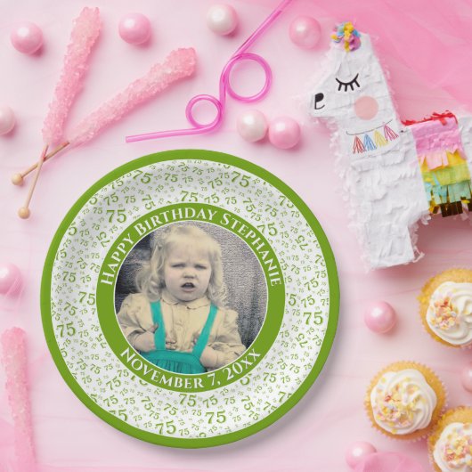 75あなたの写真の乱数パターン緑/白 ペーパープレート (パーティー)