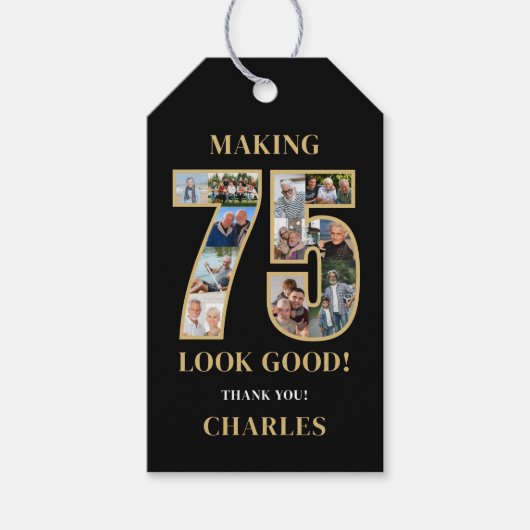 75のいい顔 フォトコラージュ 75歳の誕生日 ギフトタグ (正面)
