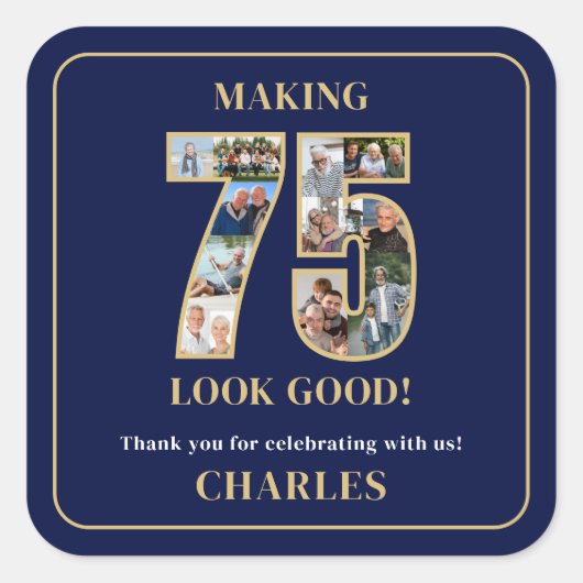 75のいい顔 フォトコラージュ 75歳の誕生日 スクエアシール (正面)