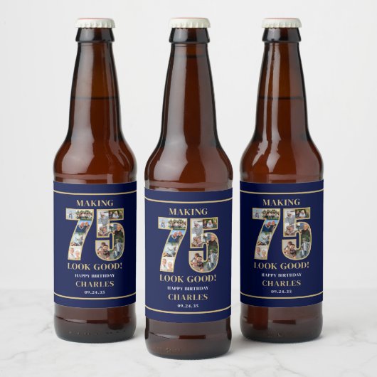 75のいい顔 フォトコラージュ 75歳の誕生日 ビールラベル (ボトル)