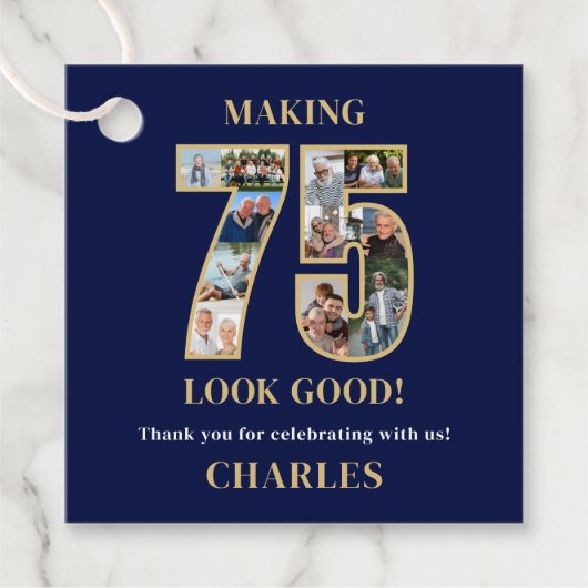 75のいい顔 フォトコラージュ 75歳の誕生日 フェイバータグ (正面)