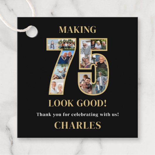 75のいい顔 フォトコラージュ 75歳の誕生日 フェイバータグ (正面)