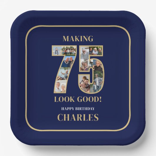 75のいい顔 フォトコラージュ 75歳の誕生日 ペーパープレート (正面)