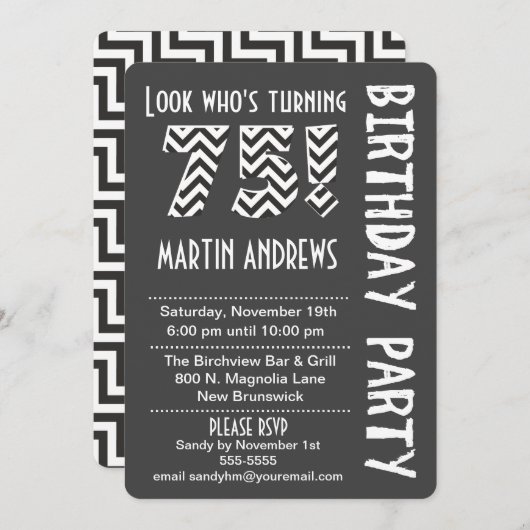 75の誕生日の招待を回している黒くか白い一見 招待状 (正面/裏面)