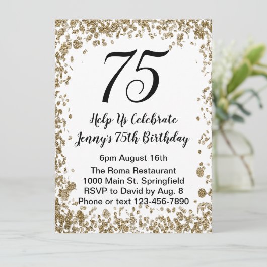 75エレガント番目の誕生日招待状(黒と金ゴールド) 招待状 (スタンド正面)