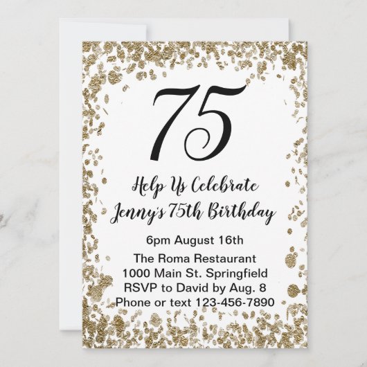 75エレガント番目の誕生日招待状(黒と金ゴールド) 招待状 (正面)