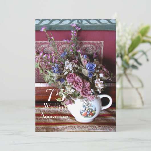 75周年結婚記念日招待状 ヴィンテージ ティーポット 招待状 (スタンド正面)